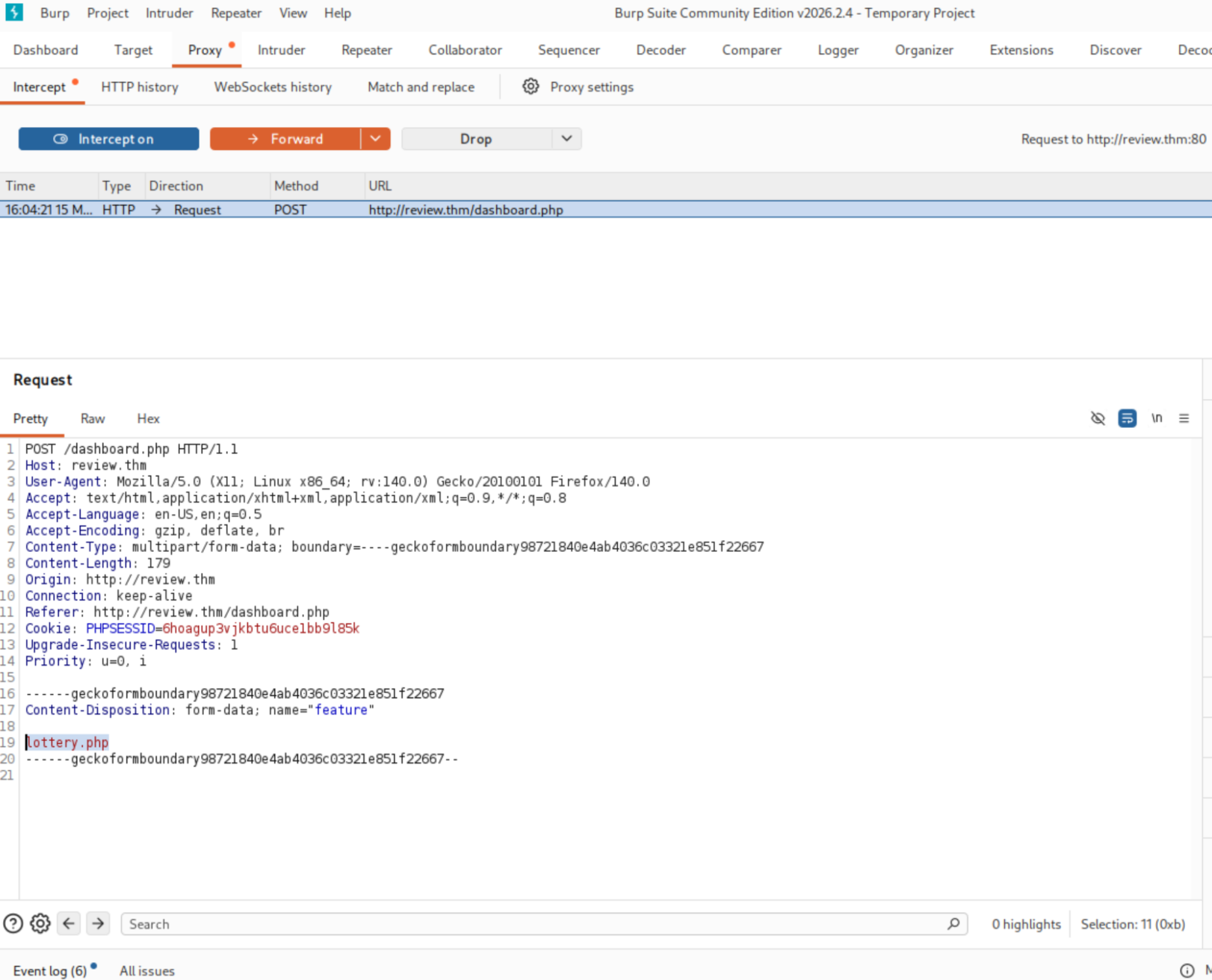 Burp request modified to use finance.php instead of lottery.php